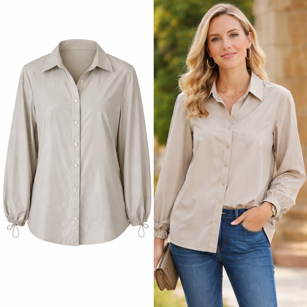 Chico's Beige Utility Button Down Blouse Size 1.5 US 10 Drawstring Cuff